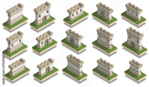 Set of castle walls. Isometric. Isolated on white background. Vector illustration. 