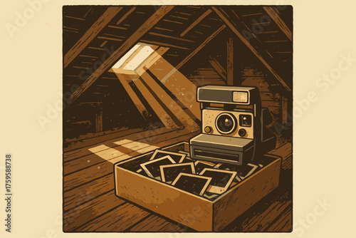 Memories scene box illustration old rustic dusty beams vector camera attic casting