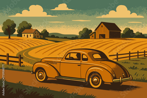 Distance classic illustration countryside golden fences drive road driving vector farmhouses