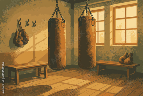 Gym benches vintage windows illustration wooden hanging boxing vector light letting large