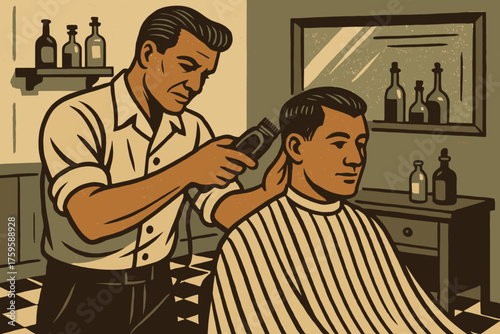 Charm shelf cutting illustration vintage barbershop retro clippers bottles barber glass vector