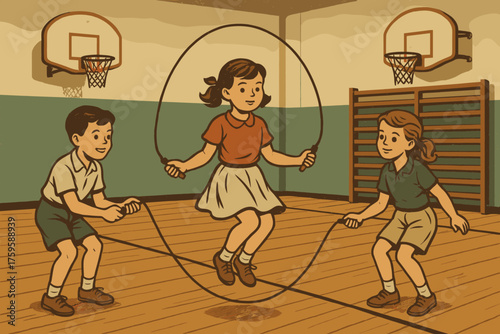 Illustration gymnasium folded floor skipping hoops school wooden bleachers children vintage vector