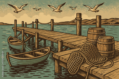 Nets retro flying planks vector barrels boats illustration nearby fishing pier tied