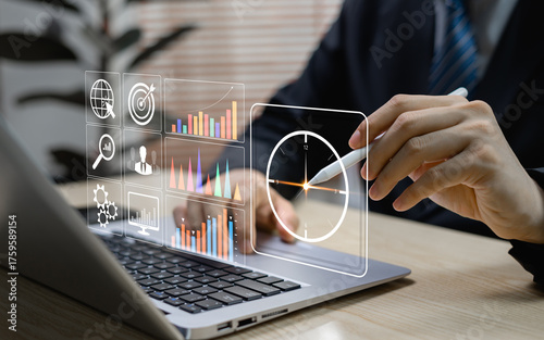 Time management and project tracking concept. Business professional coordinating workflow, scheduling tasks, and achieving goals through effective collaboration and performance agreements.