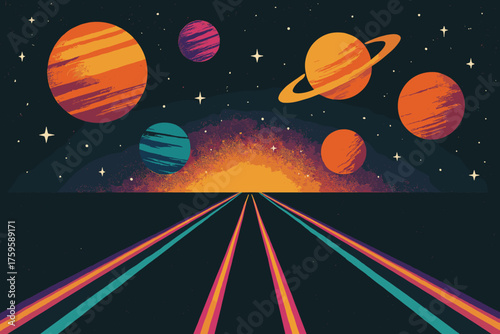 Neon vector road cosmic colorful retro extending highway into illustration
