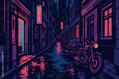 Pink neon reflecting retro parked motorcycles vector vibes blue illustration alley glowing