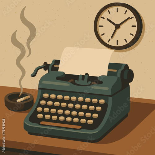 Scene illustration hour ashtray desk vector journalist nearby clock late showing retro