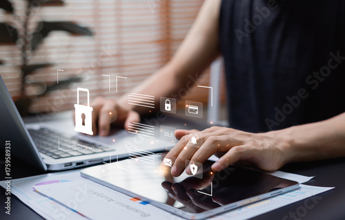 Cybersecurity and data protection concept showing secure network system against hackers. Digital privacy, information safety, and cyber defense technology in modern online environment.