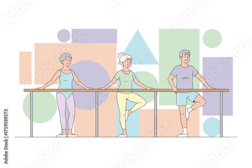 Senior citizens enjoying a barre exercise class promoting active aging and a healthy lifestyle