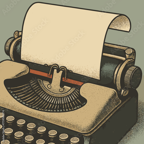 Curled sheet platen textured through illustration retro shading vector typewriter close feeding