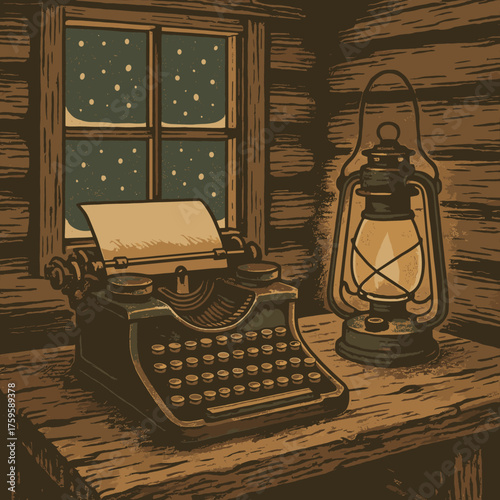 Glowing lantern light snow rustic vector typewriter desk visible wooden illustration scene