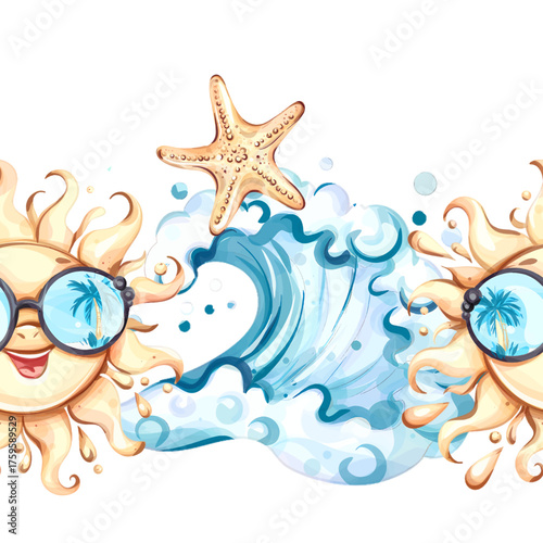 Joyful summer seamless pattern, background, wallpaper featuring cheerful suns and playful waves, perfect for holiday vibes, beach relaxation, and festive occasions