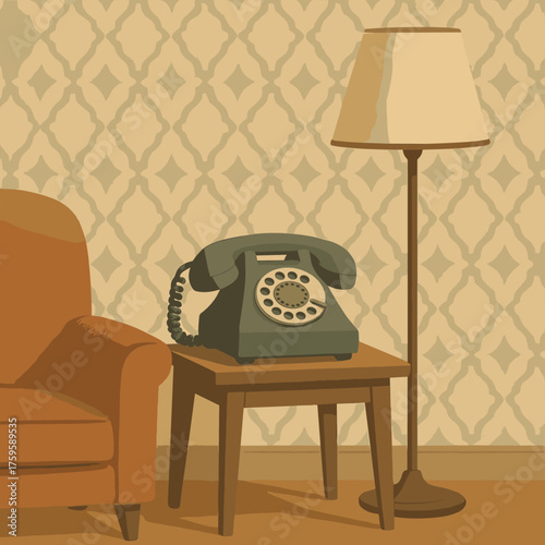 Retro room living table lamp vector small nearby illustration patterned phone