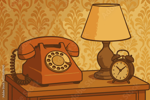 Vector lamp wallpaper rotary alarm retro illustration next scene nightstand
