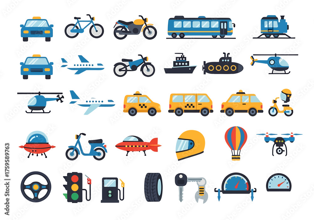 Obraz premium Diverse Travel and Vehicle Icons Collection