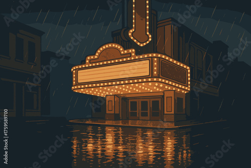 Wet pavement reflections marquee across glowing shimmering illustration lights rainy nostalgic vector