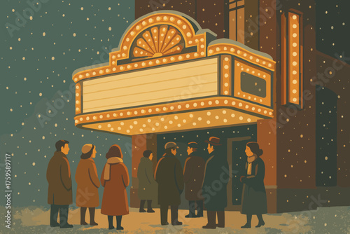 Gathered winter people snowy beneath coats illustration vector lights theater marquee retro