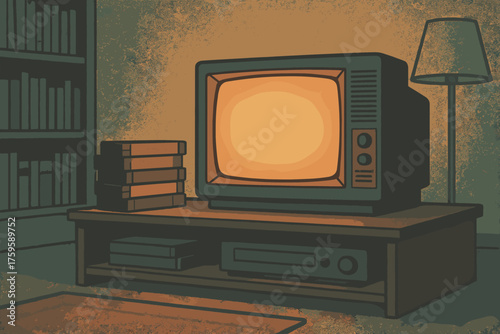 Nostalgia tapes vhs glowing television set retro beside illustration vector living shelf