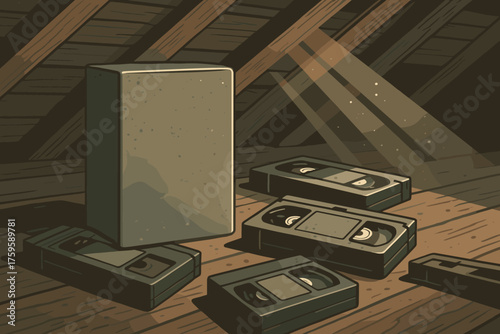 Nostalgia around shining attic wooden vector storage rays vhs light illustration through