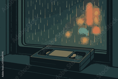 Neon resting illustration window rainy blurred adding tape vector outside vhs