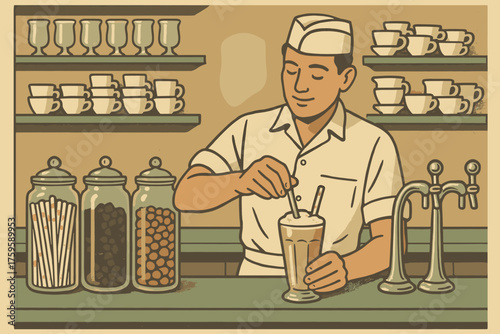 Soda behind illustration neatly counter retro mixing shop straws filled glass vector