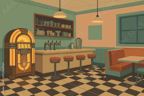 Soda glowing shop corner retro checkerboard scene vector jukebox illustration walls