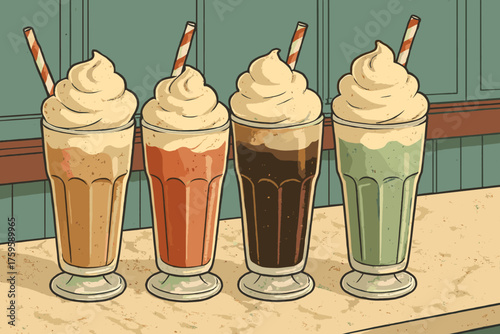 Whipped retro cream illustration soda striped vector countertop marble toppings each floats