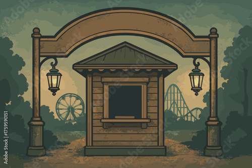 Booth glowing entrance retro nostalgic lanterns illustration park amusement vector