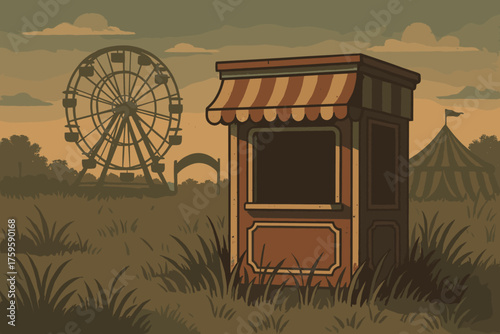 Fairground abandoned nostalgic overgrown illustration twilight grass booth empty vector