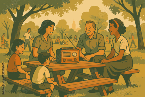 Atmosphere illustration around bustling park radio small nostalgic bench gathering vector gathered