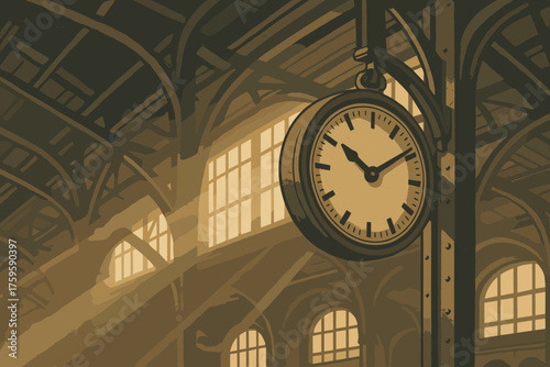 Station vector through hanging beams illustration tall clock steel retro streaming