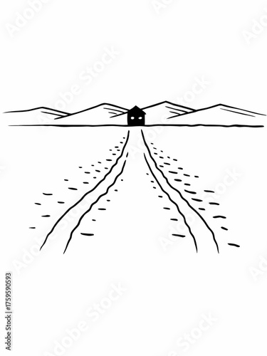 Minimilist a solitary house at the end of a path with mountains in the background in a black and white drawing style vector