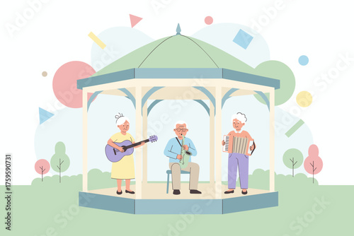 Elderly musicians joyfully perform in a park gazebo celebrating active senior life and hobbies