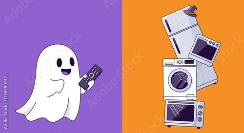 Cute ghost enjoying TV with remote while spooky Halloween appliances are stacked Ideal for festive home decor or tech concepts