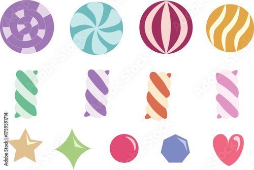 Colorful candy, marshmallow set. Vector illustration of sweet desserts in pastel colors. Candies, marshmallows, stars, hearts, geometric shapes. Confectionery design for packaging, pattern, decoration