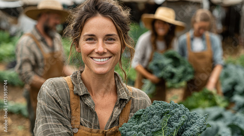 Smiling woman in overalls holds fresh kale on farm, surrounded by other farmers working in background. scene conveys sense of community and sustainable agriculture