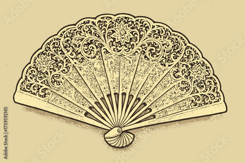 Ivory muted detailing hand carved vector antique fan handfan shading illustration