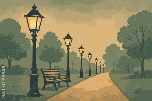 Vintage lanterns lanternposts palette warmly textured illustration park glowing vector muted
