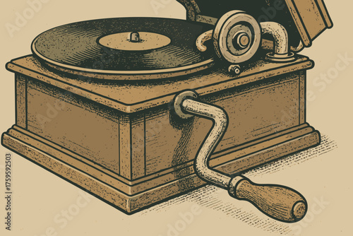 Retro illustration handle phonograph textured detailed study vintage crank shading vector muted