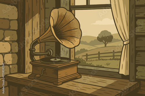 Rustic scene illustration phonograph vector countryside details tones muted sill home