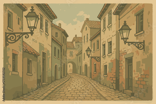Illustration cobblestones vintage retro muted vector street tones european postcard lanterns