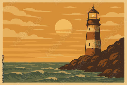 Paper tones retro vintage lighthouse illustration coastal postcard vector muted shading