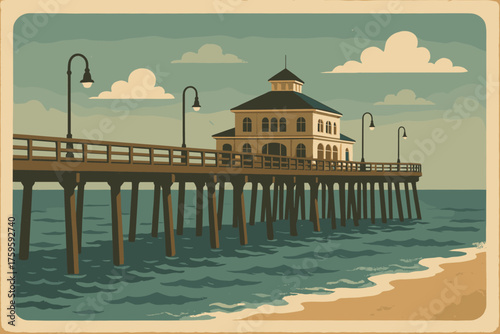 Illustration seaside faded vector pier retro shading border textured muted lighting postcard