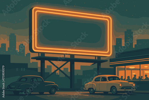 Twilight illustration retro vector neon glowing cars background city scene diners billboard