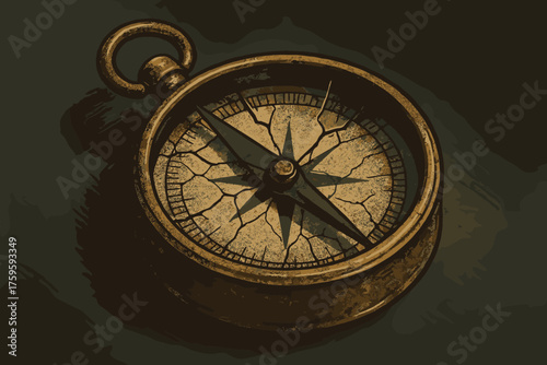 Old vintage retro brass atmosphere illustration vector shown compass face shading cracked
