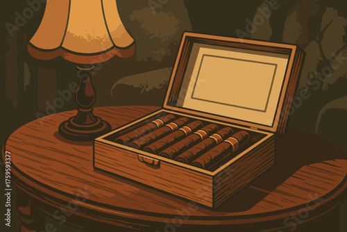 Mahogany lounge vector ambiance vintage illustration smoking retro scene lamp dim