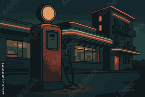 Pump retro rustic diesel glowing night motel illustration under lights vector
