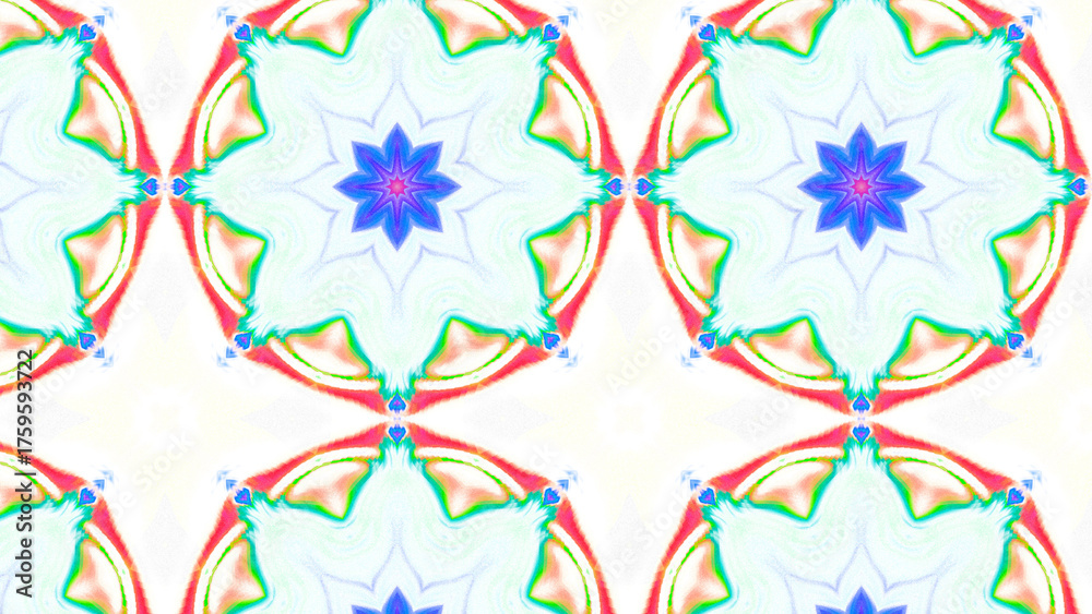 Obraz premium Seamless psychedelic kaleidoscope pattern with neon green, pink and orange mandala symmetry