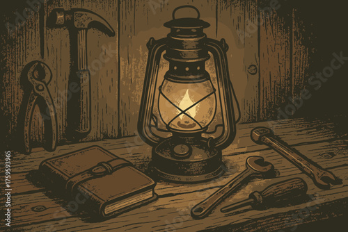 Illuminating vector notebook scene illustration kerosene workbench lamp old rustic