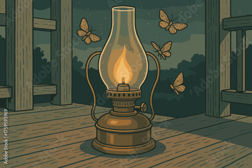 Lamp kerosene porch brass warm vector illustration glass vintage chimney fluttering outdoor